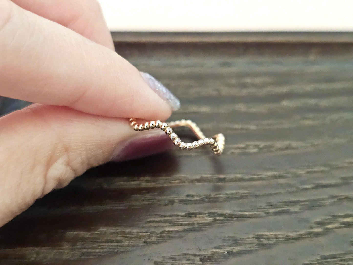 14K Solid Gold Handmade Beaded Dotted Wave Ring Band