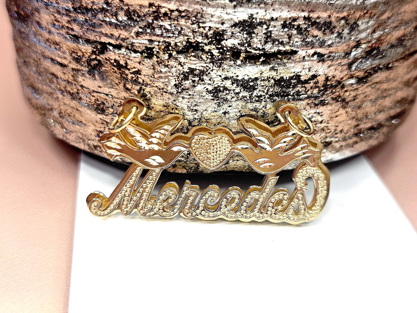 14K Solid Yellow Gold Cursive Dotted 3D Double Plated Name Pendant Necklace