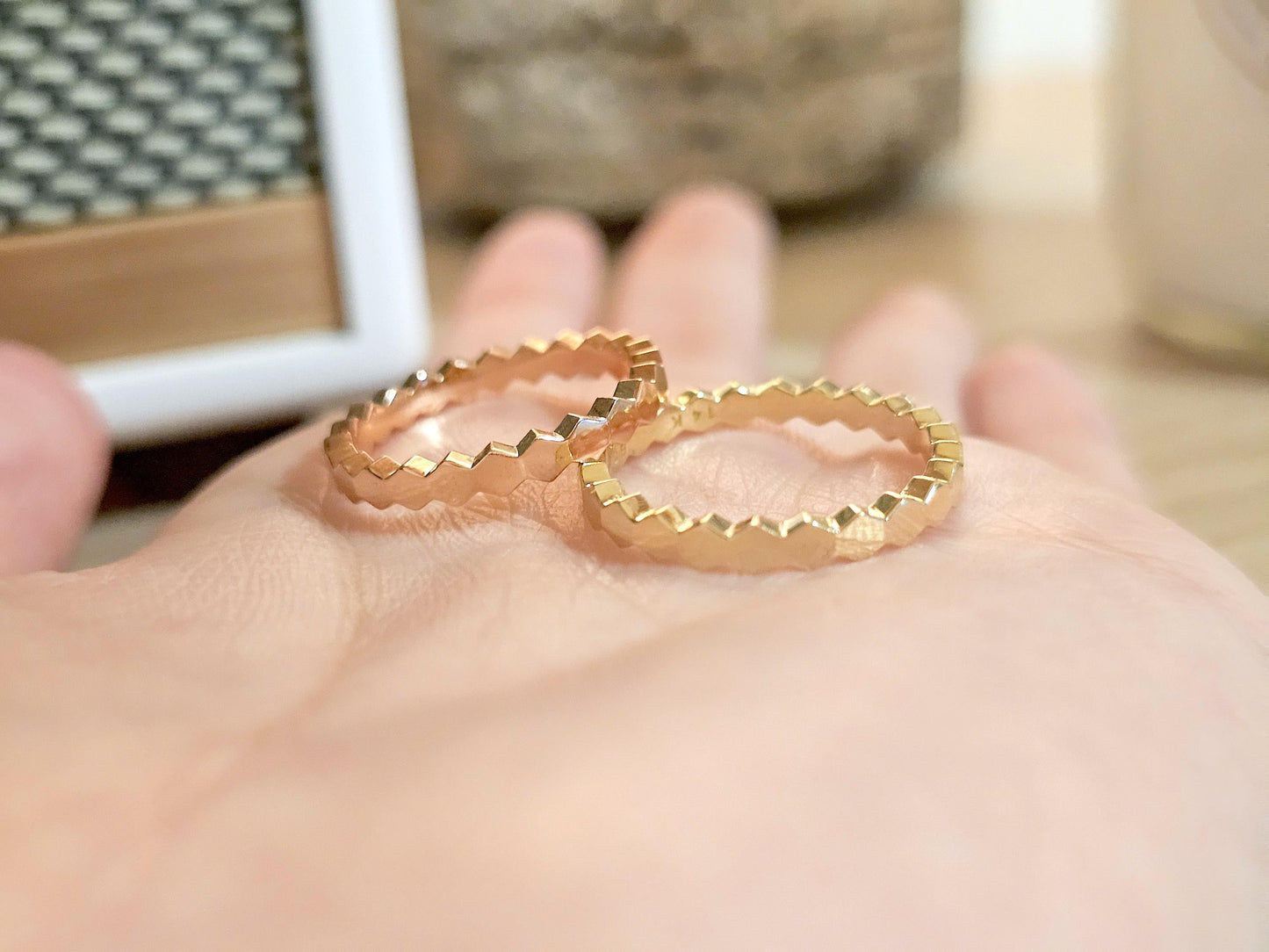 14K Solid Gold Handmade Hexagon Shaped Link Ring Band