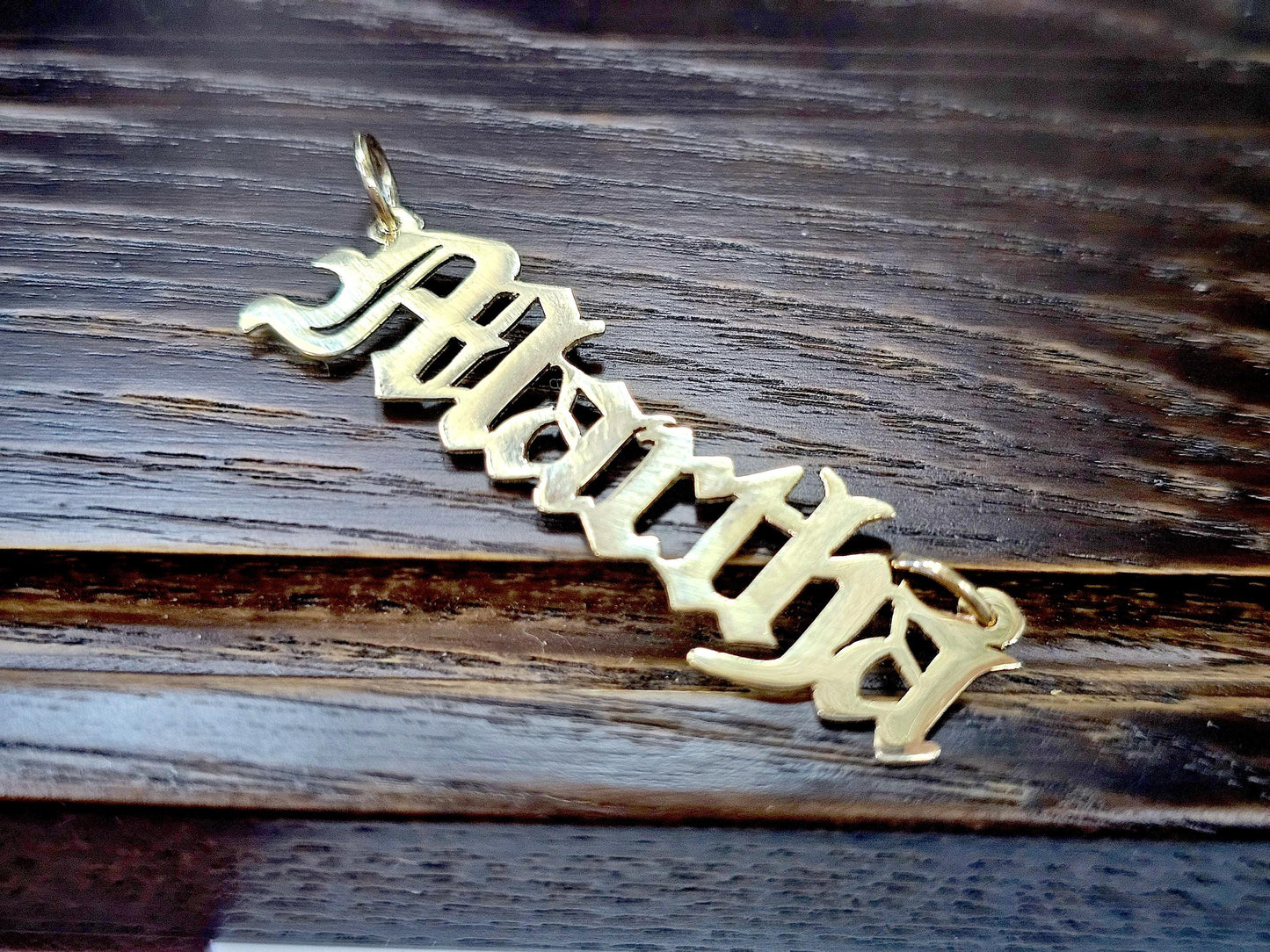 10K Solid Yellow Gold Name Pendant Necklace with Old English Text