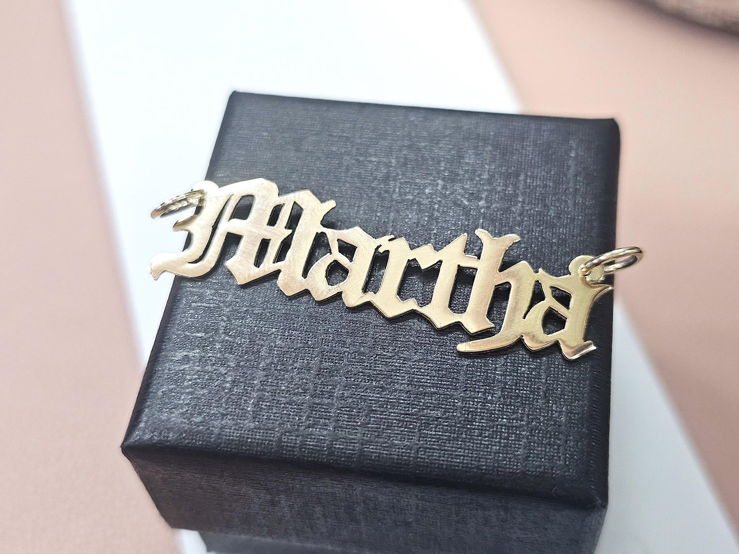 10K Solid Yellow Gold Name Pendant Necklace with Old English Text