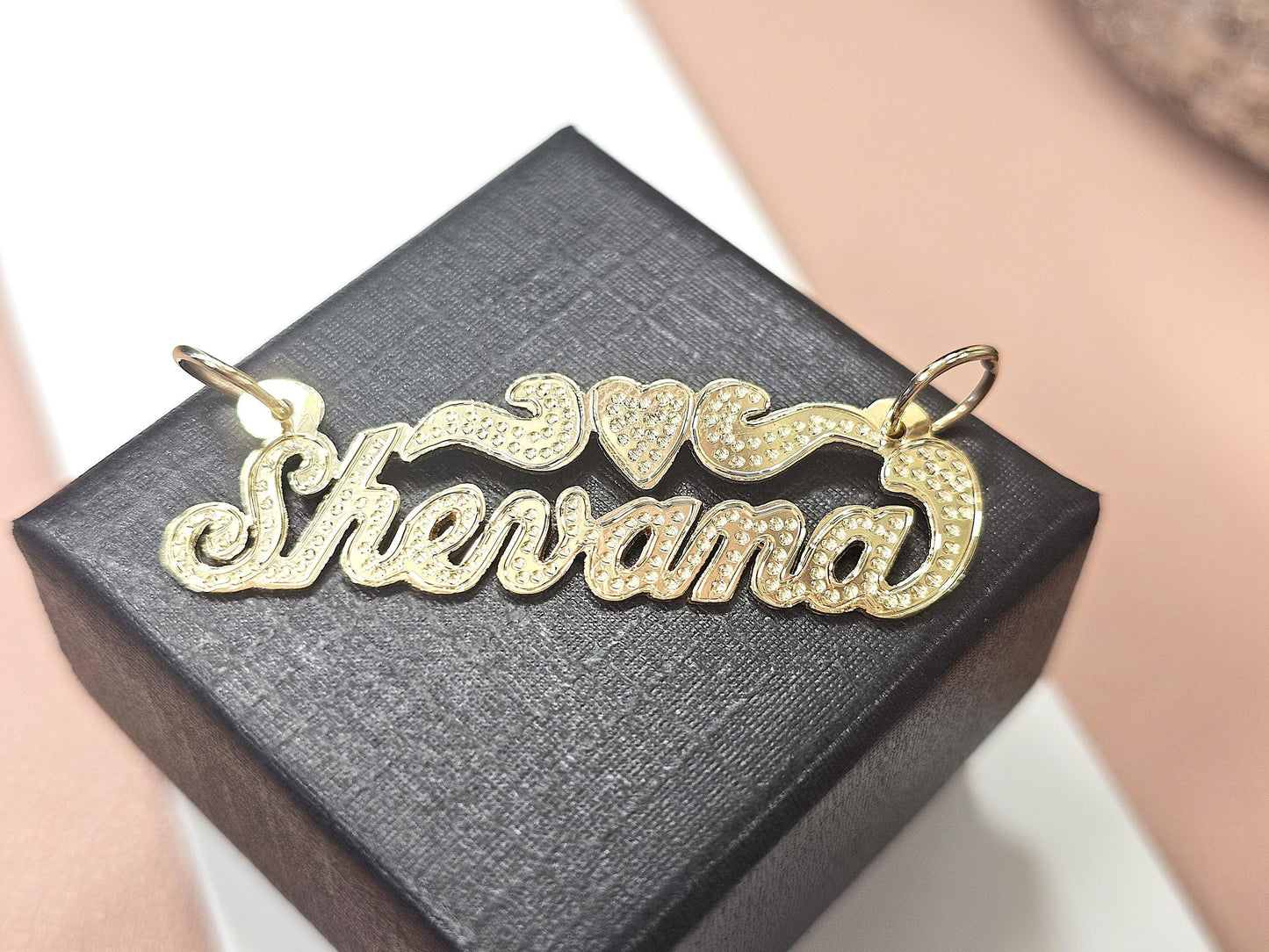 10K Solid Yellow Gold Cursive Dotted Name Pendant Necklace with Heart