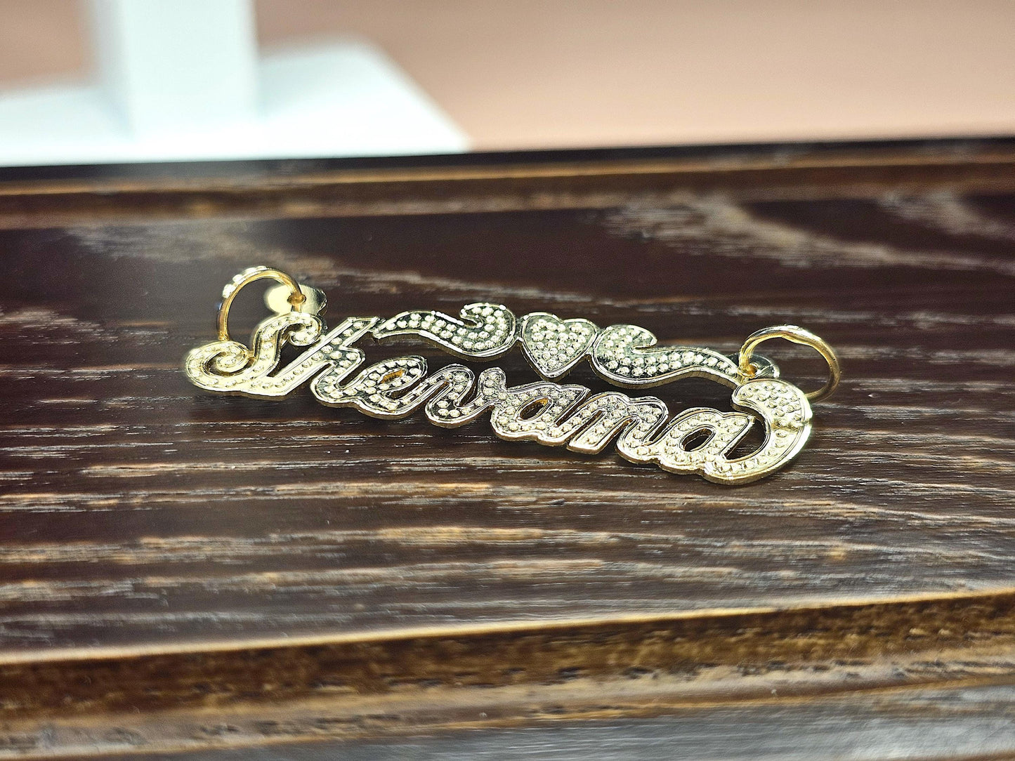 10K Solid Yellow Gold Cursive Dotted Name Pendant Necklace with Heart