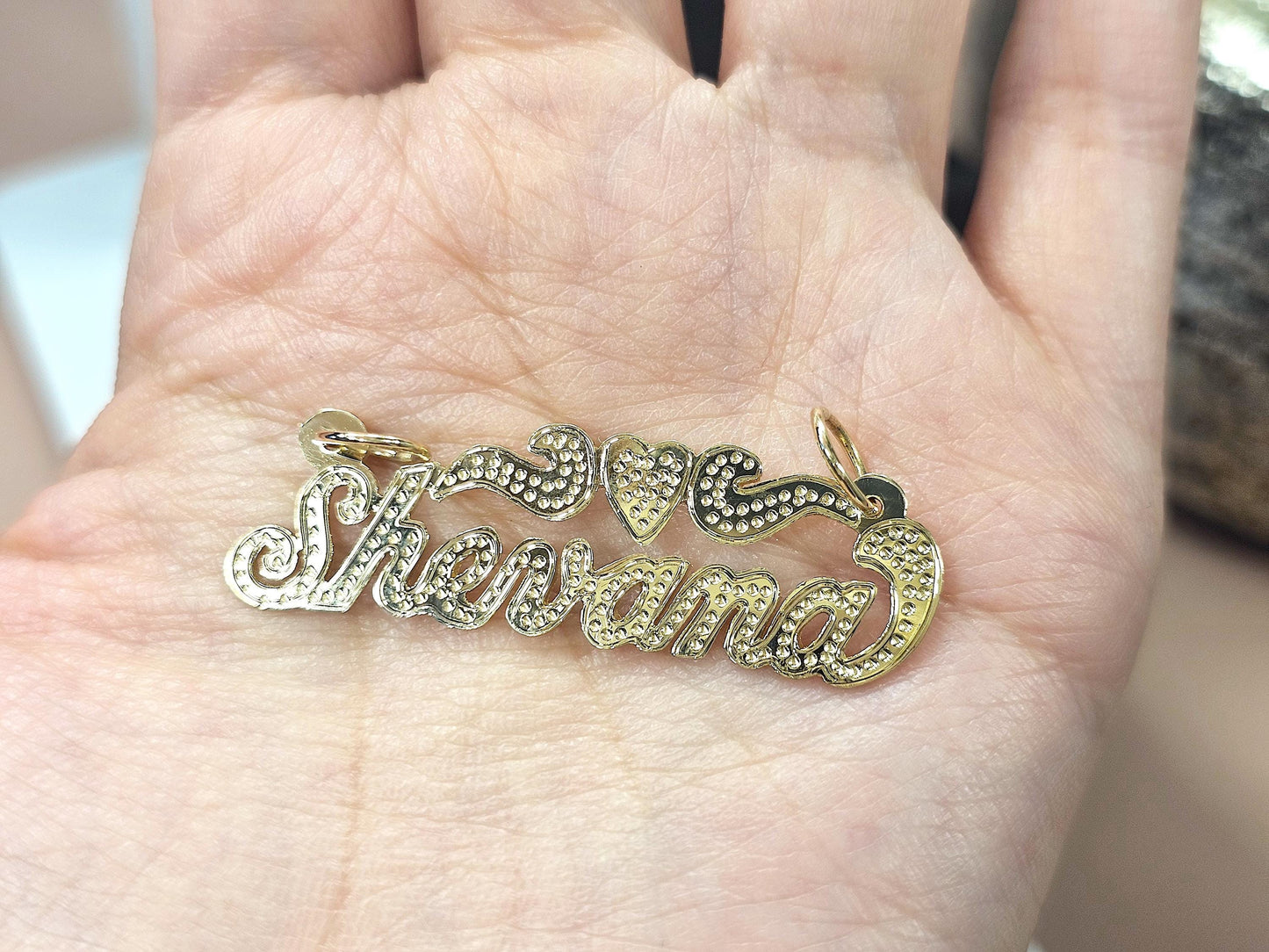 14K Solid Yellow Gold Cursive Dotted Name Pendant Necklace with Heart