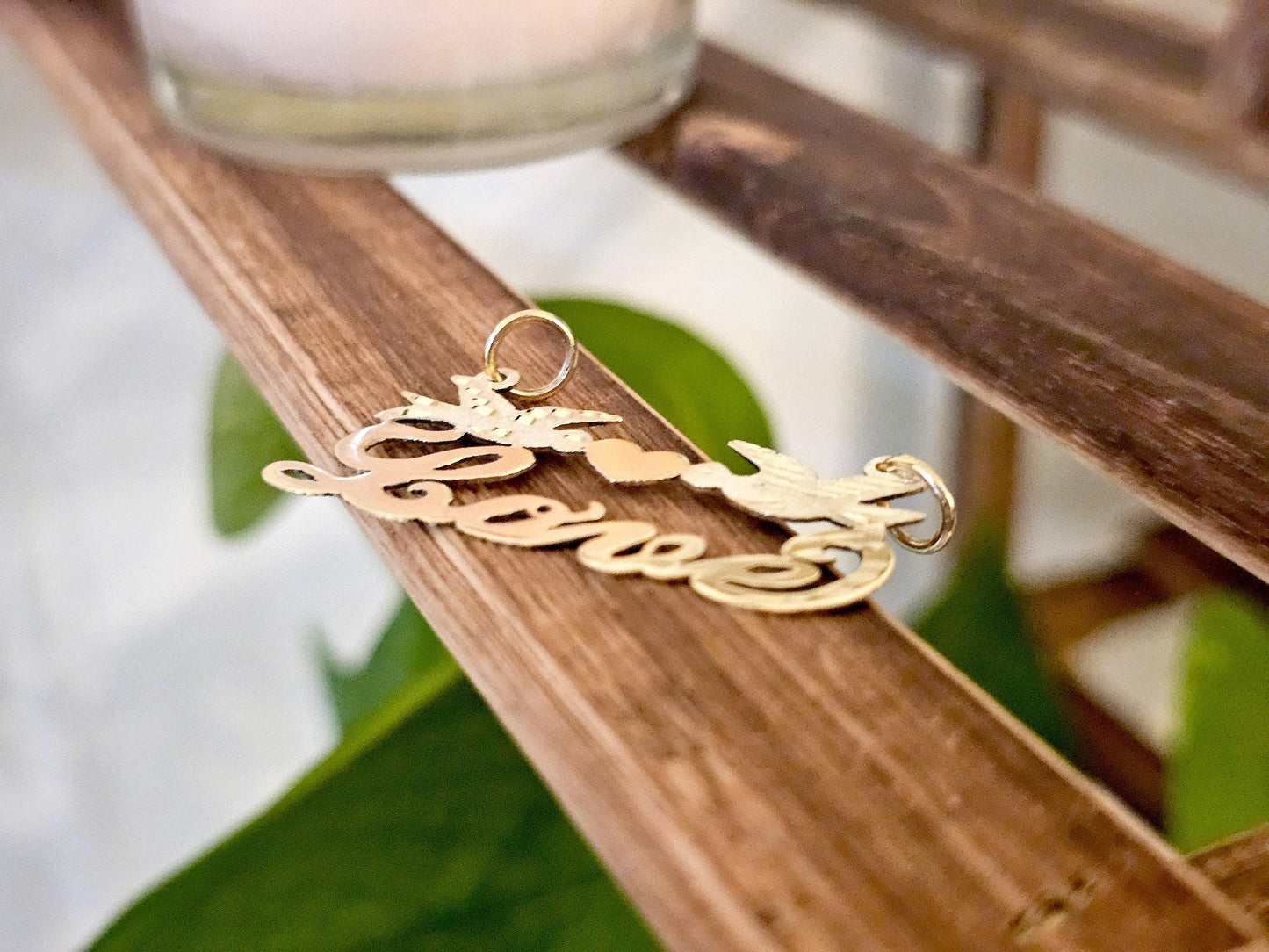 10K Solid Yellow Gold Name Pendant Necklace with Beautiful Doves and Solid Heart