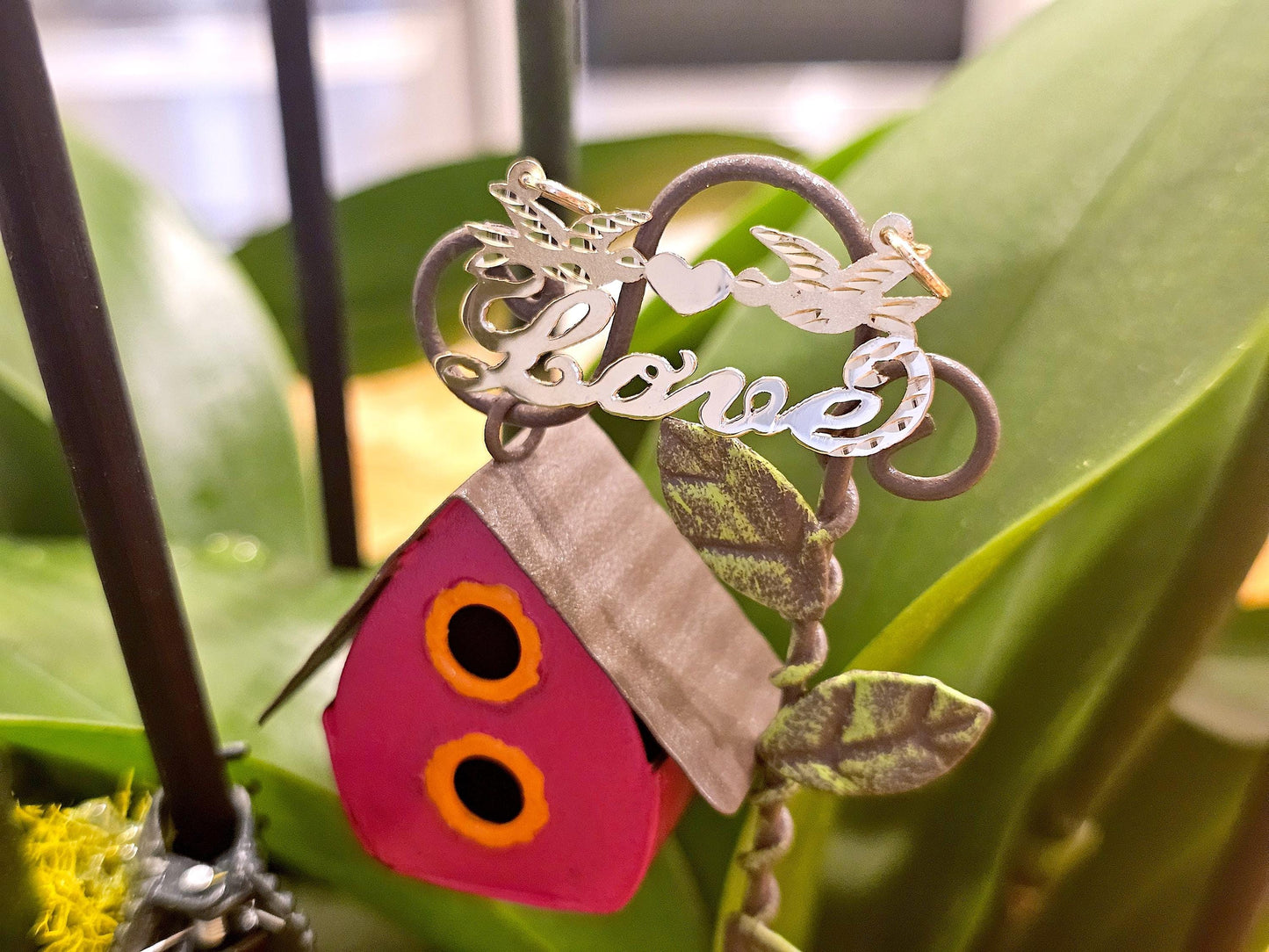 14K Solid Yellow Gold Name Pendant Necklace with Beautiful Doves and Solid Heart