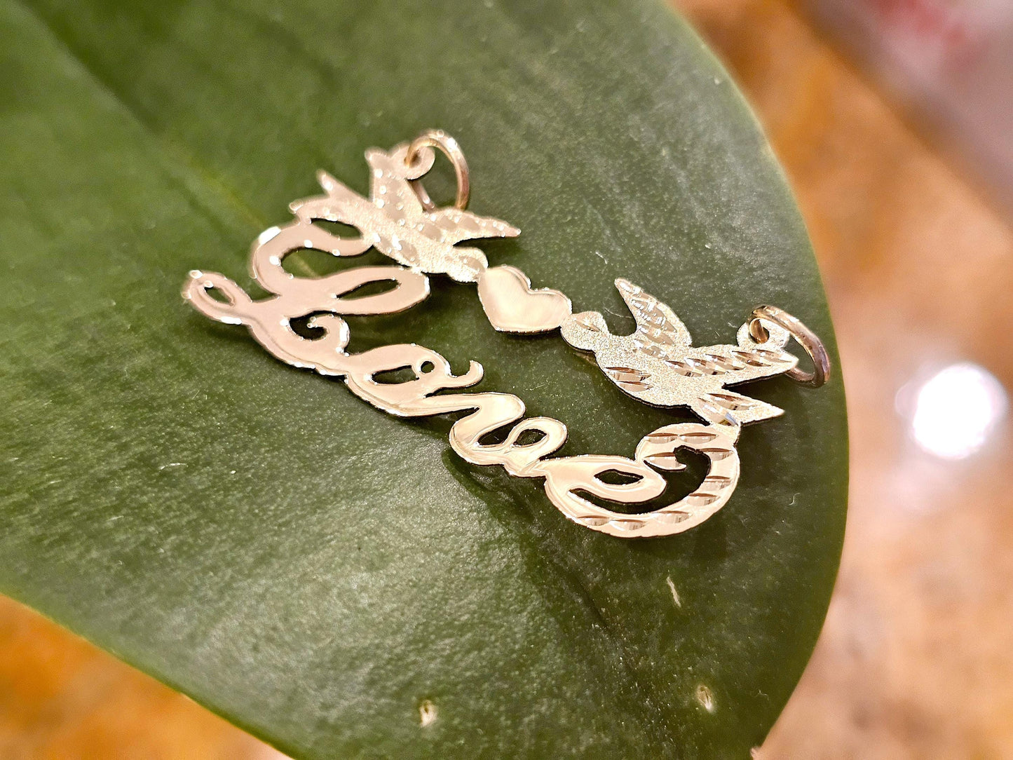 14K Solid Yellow Gold Name Pendant Necklace with Beautiful Doves and Solid Heart