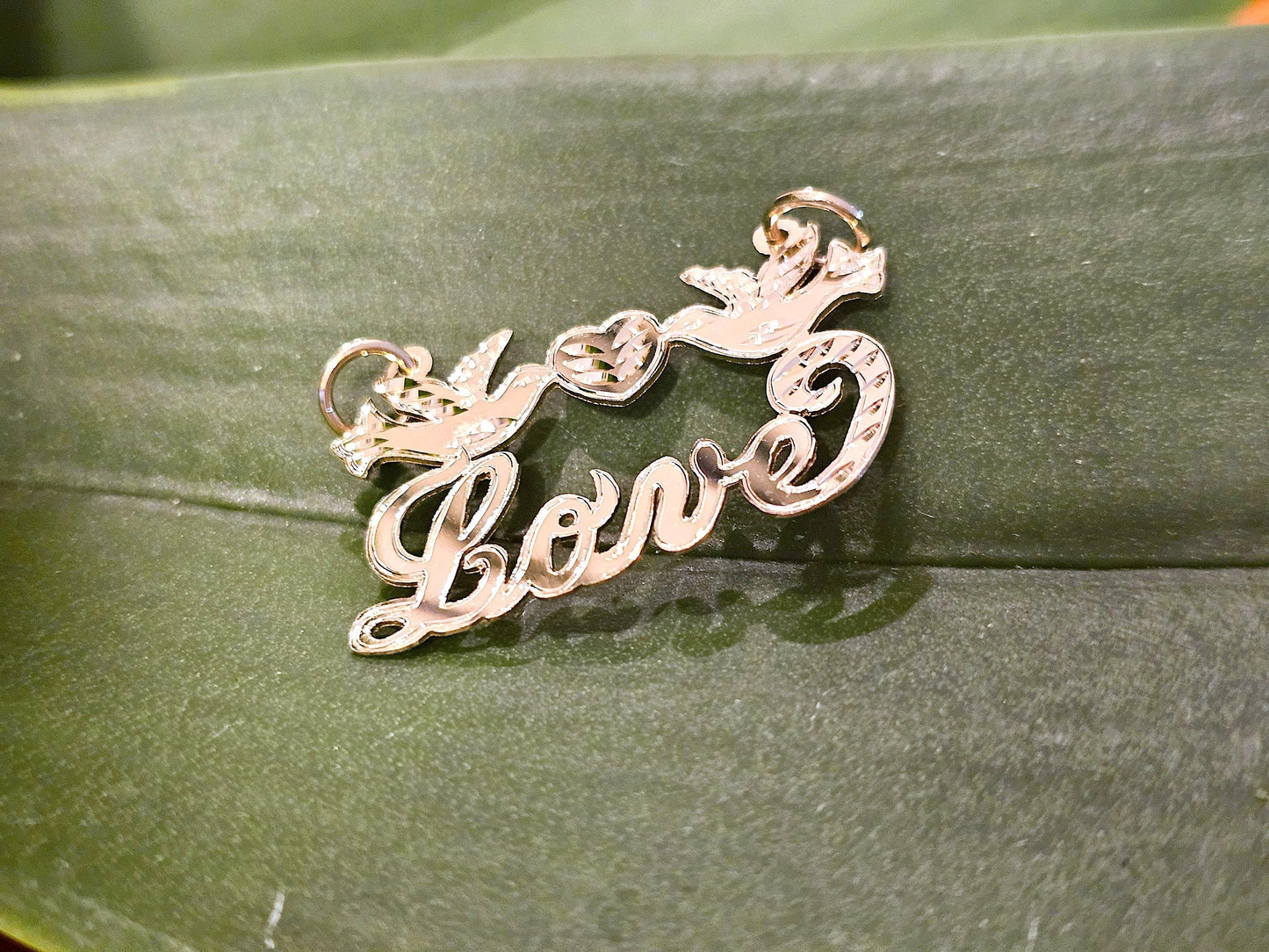 14K Solid Yellow Gold Name Pendant Necklace with Beautiful Doves and Heart