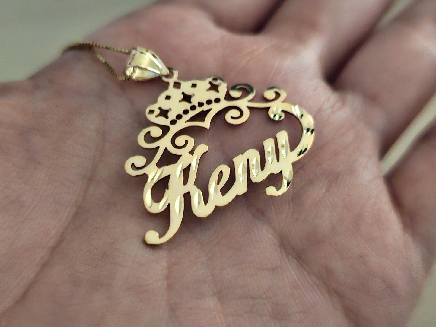 14K Solid Yellow Gold Personalized Custom Handmade Name Pendant with Crown