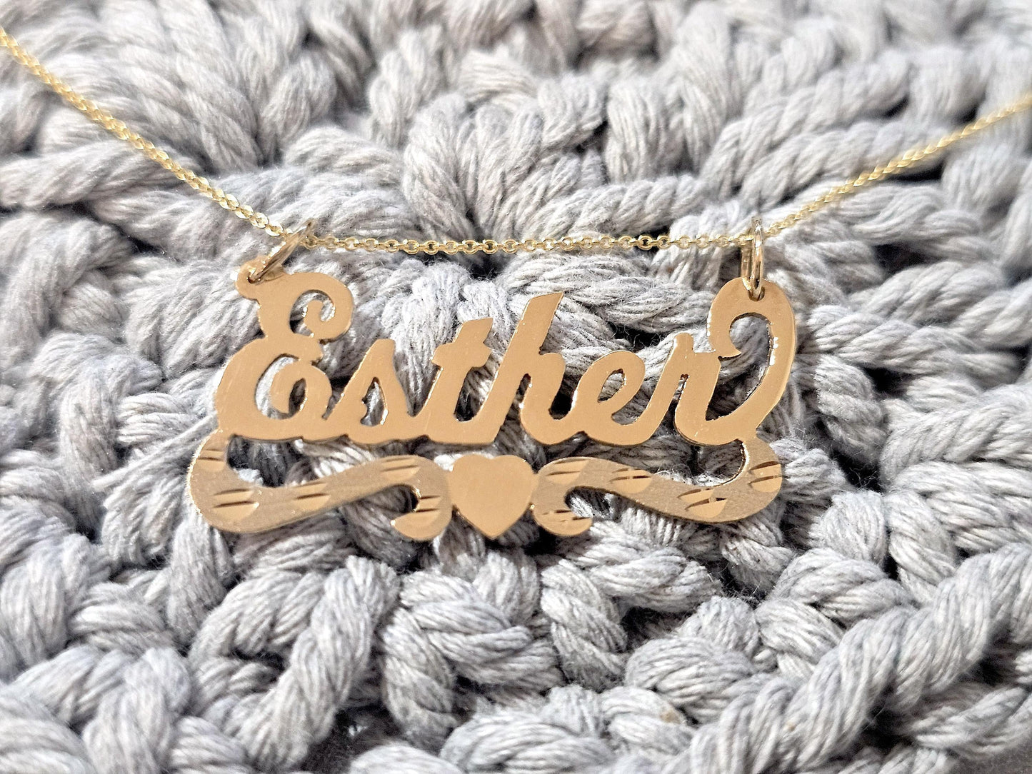 10K Solid Yellow Gold Name Pendant Necklace with Bottom Heart Ribbon