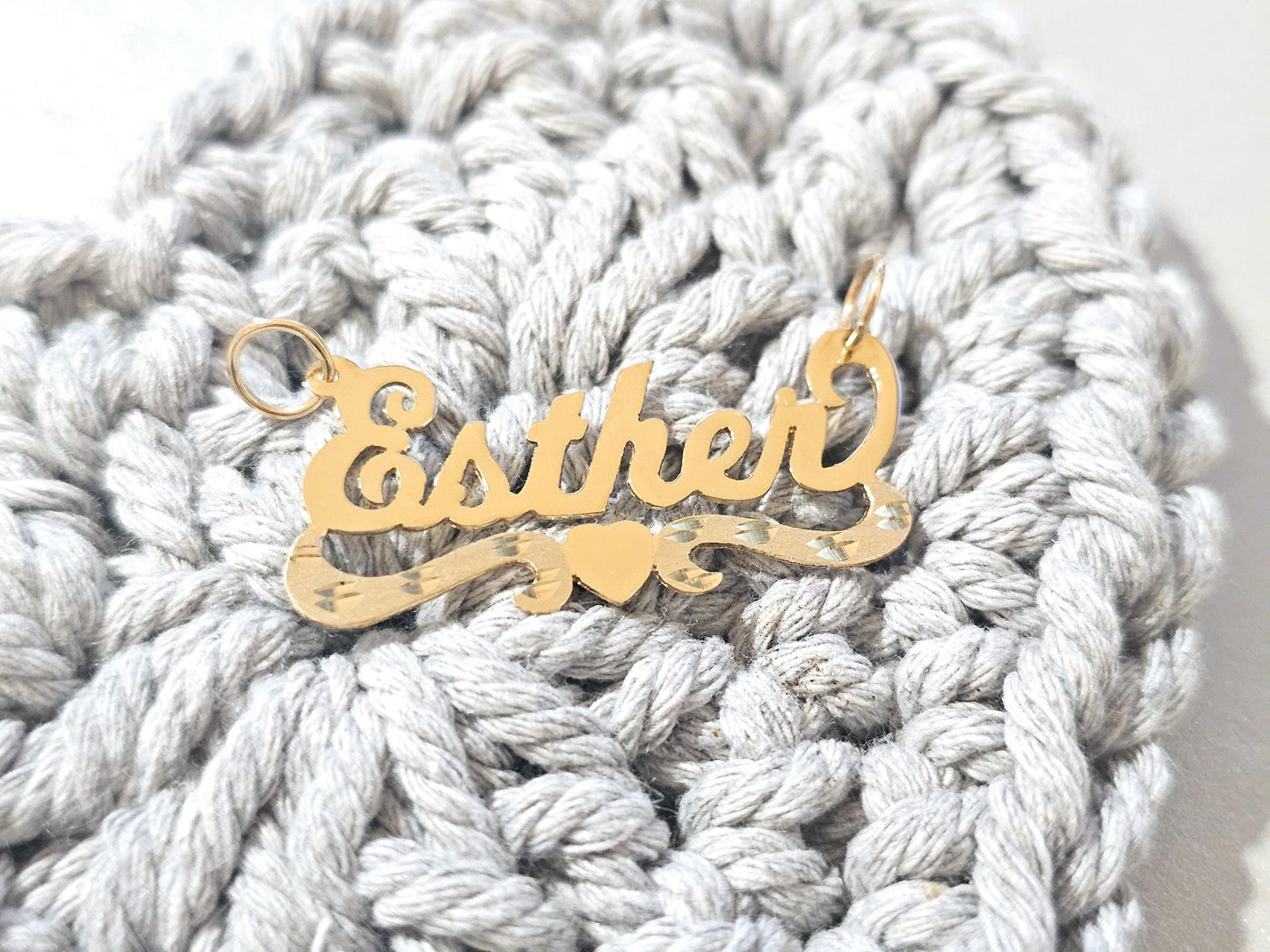 10K Solid Yellow Gold Name Pendant Necklace with Bottom Heart Ribbon