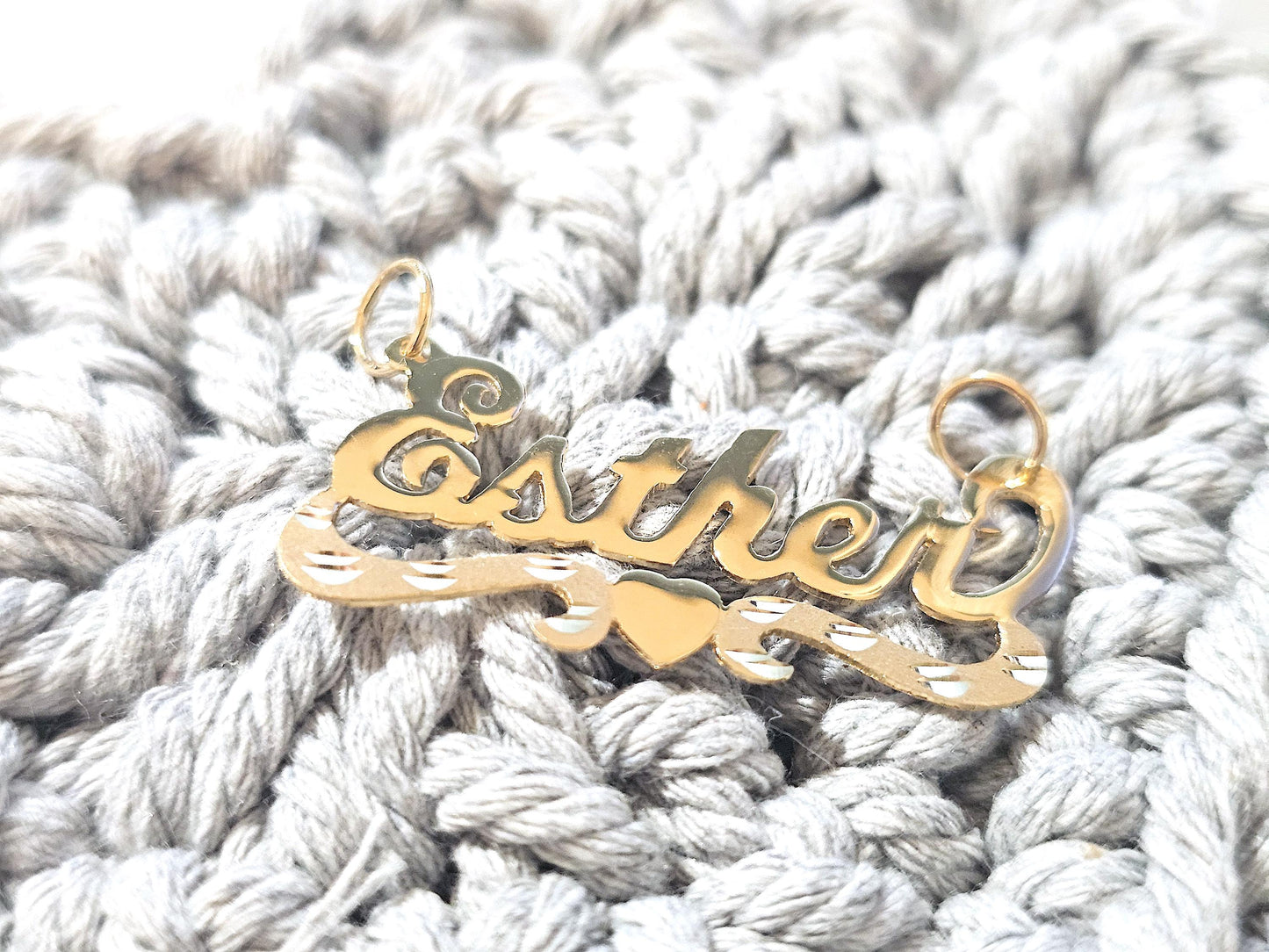 10K Solid Yellow Gold Name Pendant Necklace with Bottom Heart Ribbon