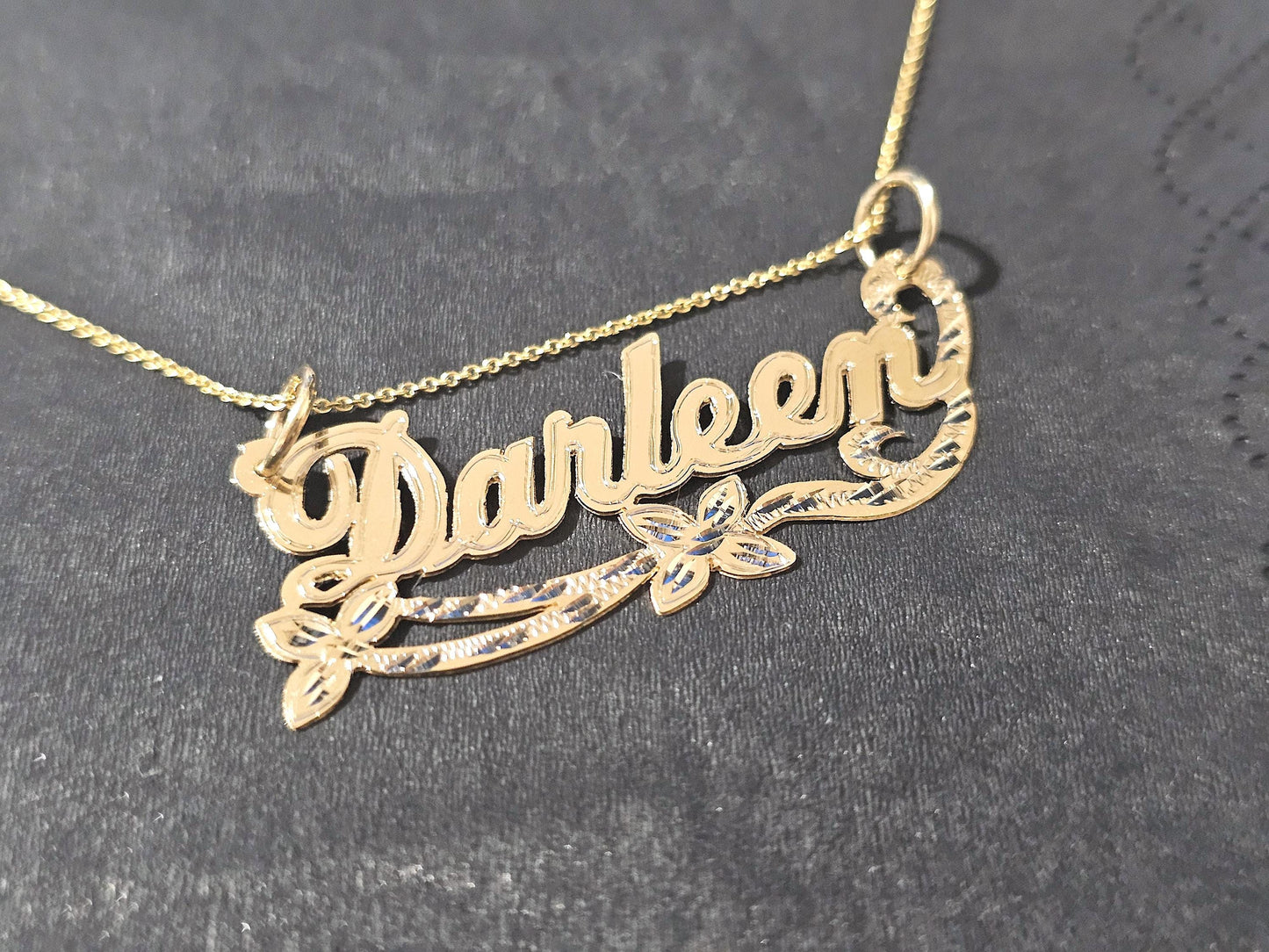 10K Solid Yellow Gold Name Pendant Necklace with Double Flower Ribbon