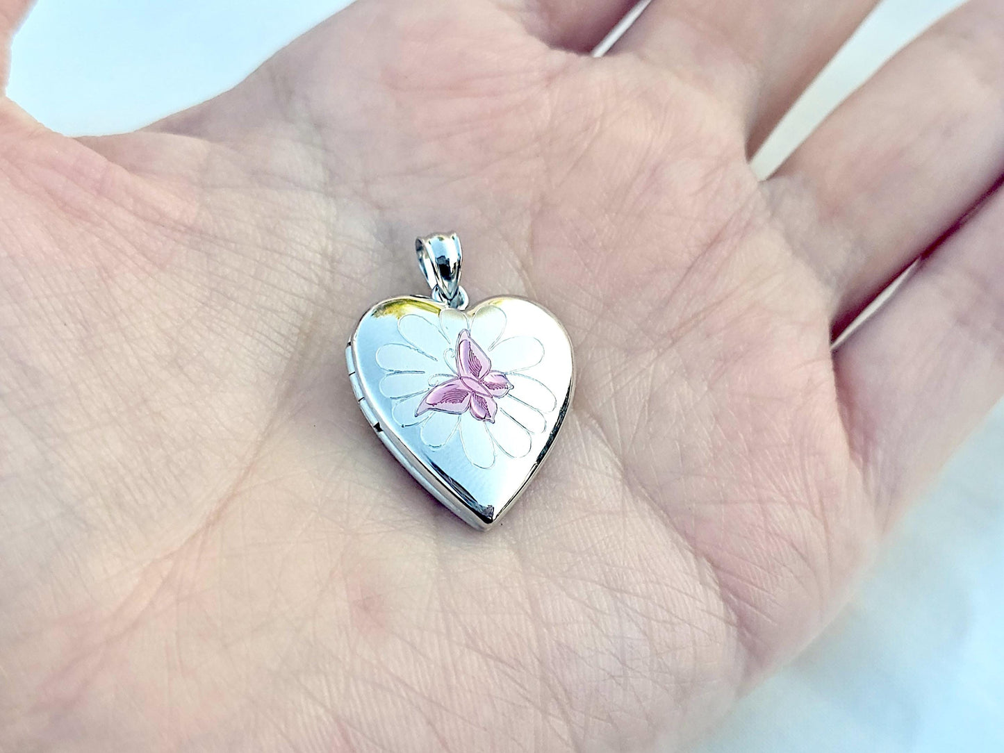 925 Sterling Silver Heart Locket Pendant with Pink Enamel Butterfly on Flower