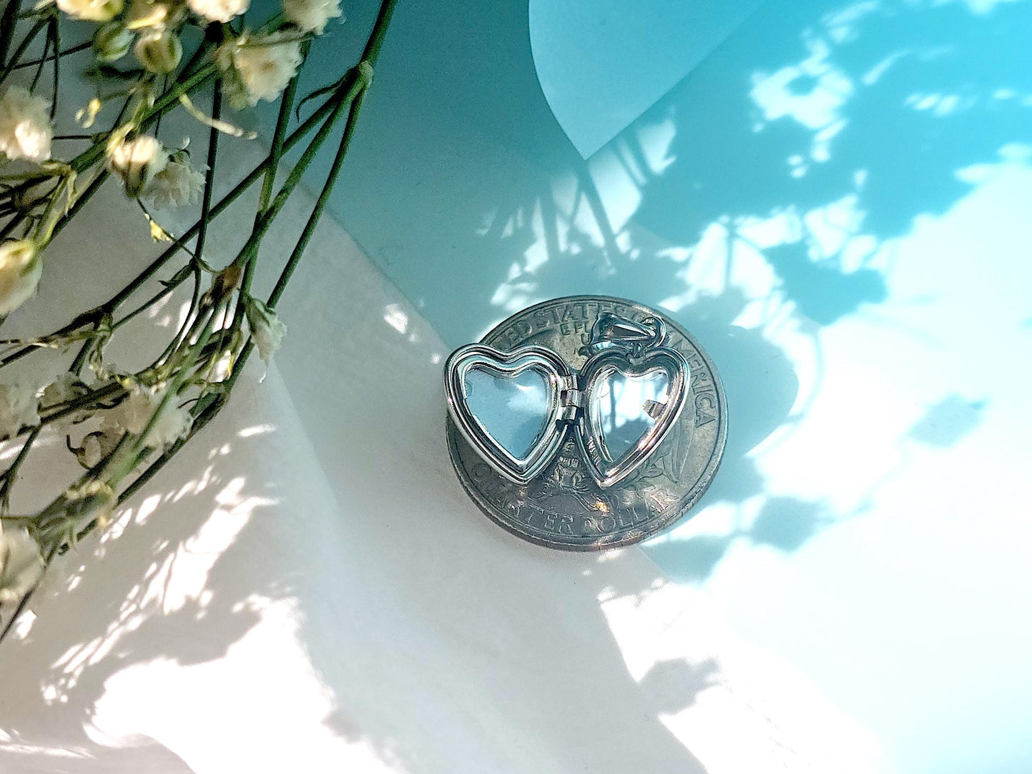 925 Sterling Silver Tiny Dainty Heart Locket Pendant with Floral Pattern Engraving
