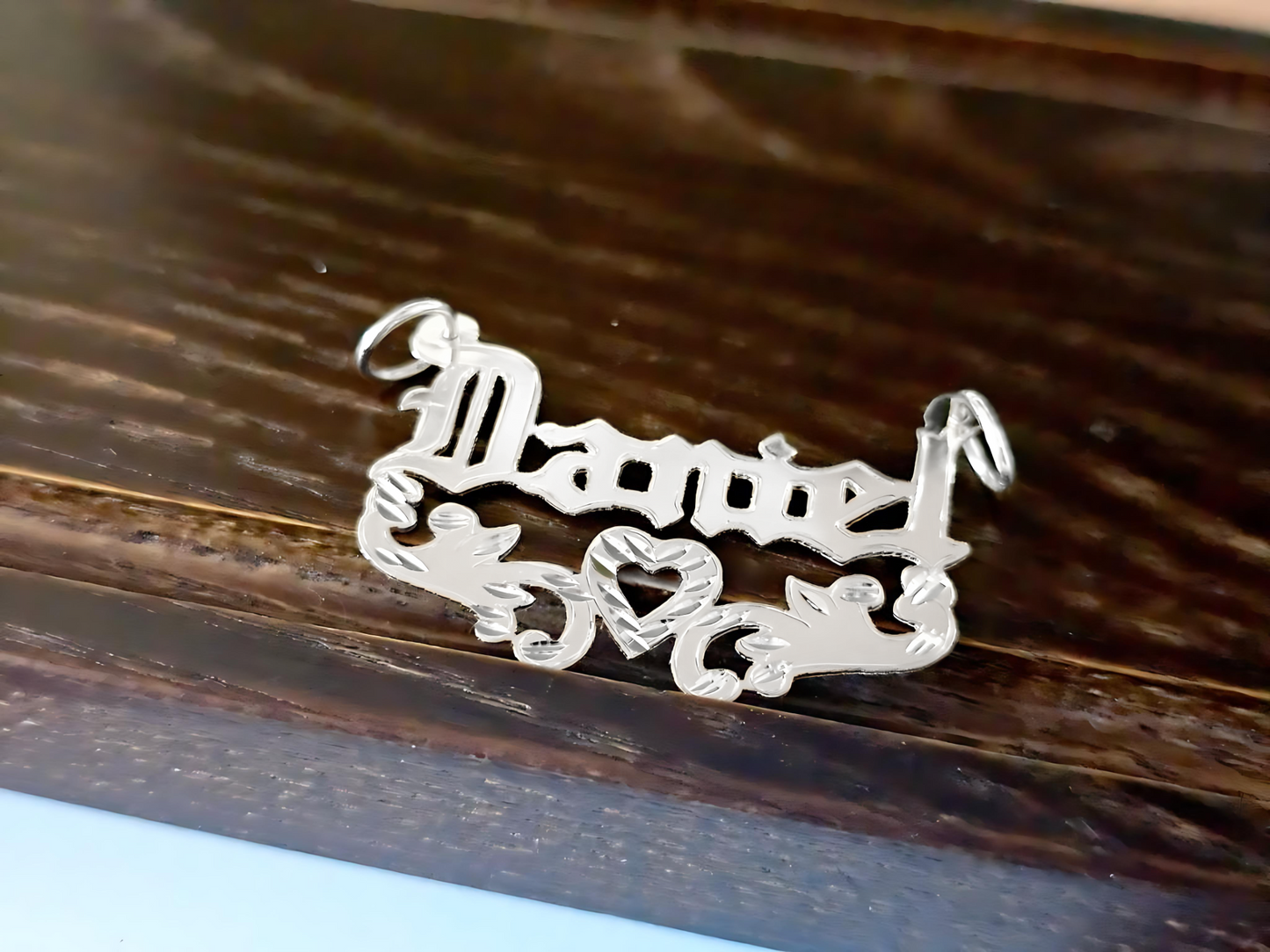 925 Sterling Silver Name Pendant Necklace with Old Text and Heart