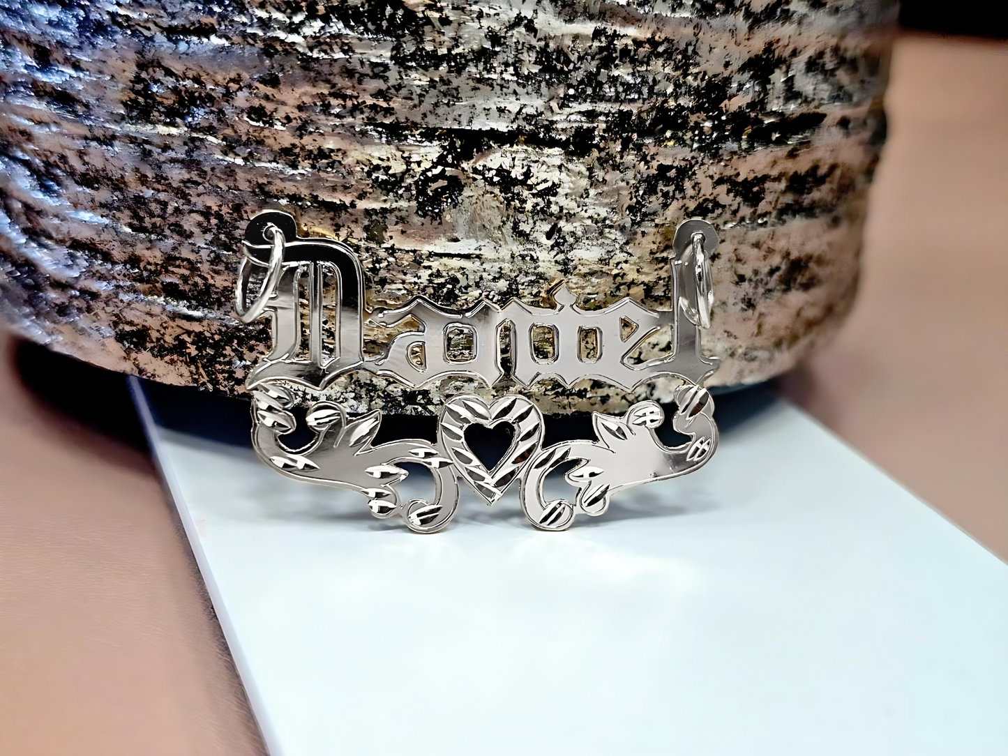 925 Sterling Silver Name Pendant Necklace with Old Text and Heart