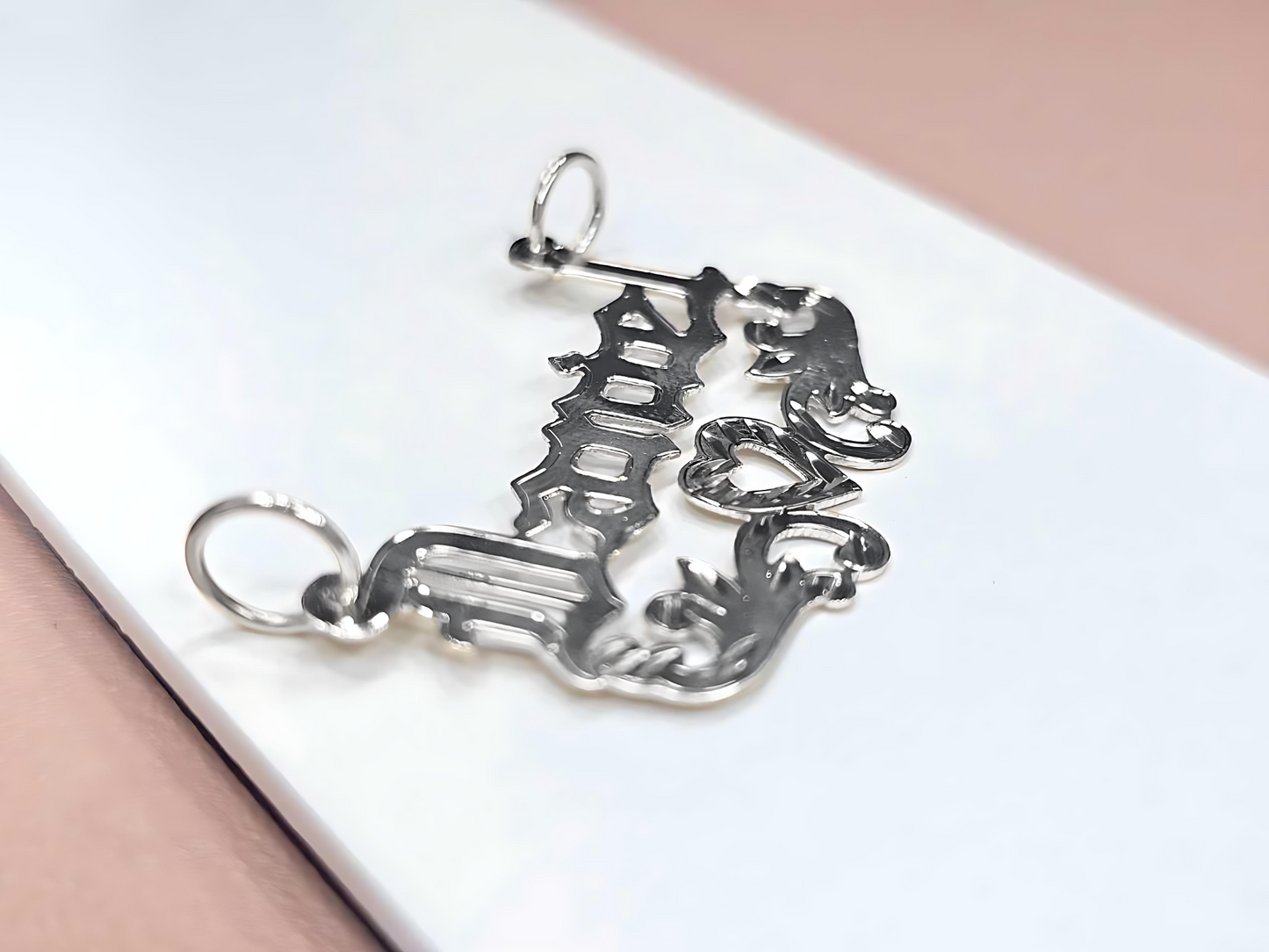 925 Sterling Silver Name Pendant Necklace with Old Text and Heart