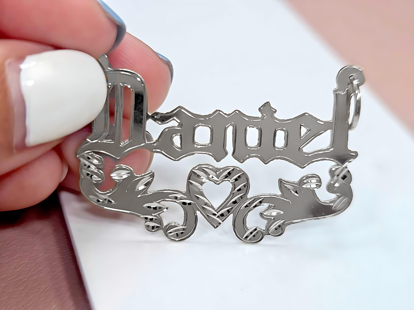 925 Sterling Silver Name Pendant Necklace with Old Text and Heart