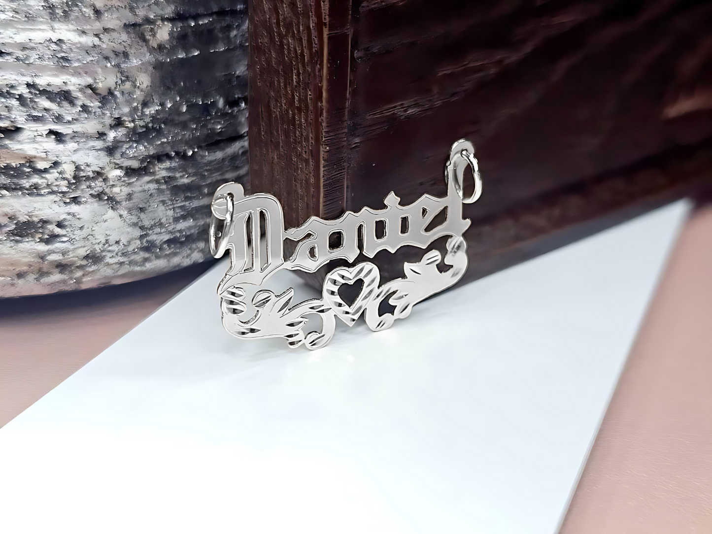 925 Sterling Silver Name Pendant Necklace with Old Text and Heart