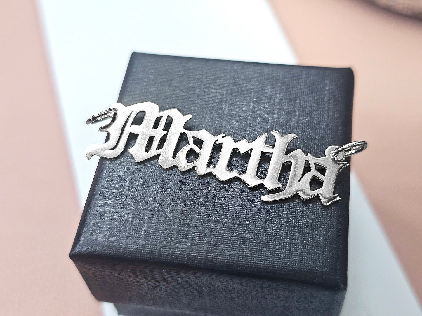 925 Sterling Silver Name Pendant Necklace with Old English Text