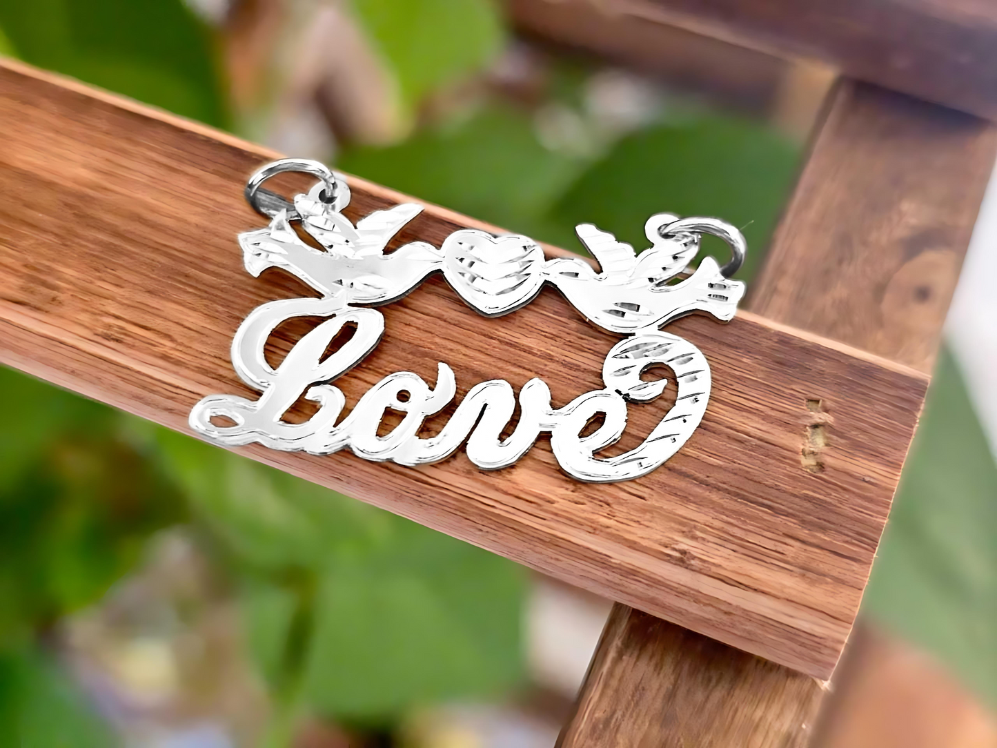 925 Sterling Silver Name Pendant Necklace with Beautiful Doves and Heart