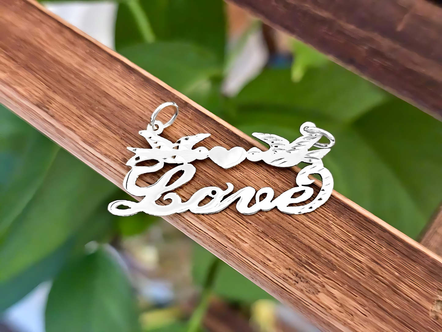 925 Sterling Silver Name Pendant Necklace with Beautiful Doves and Solid Heart