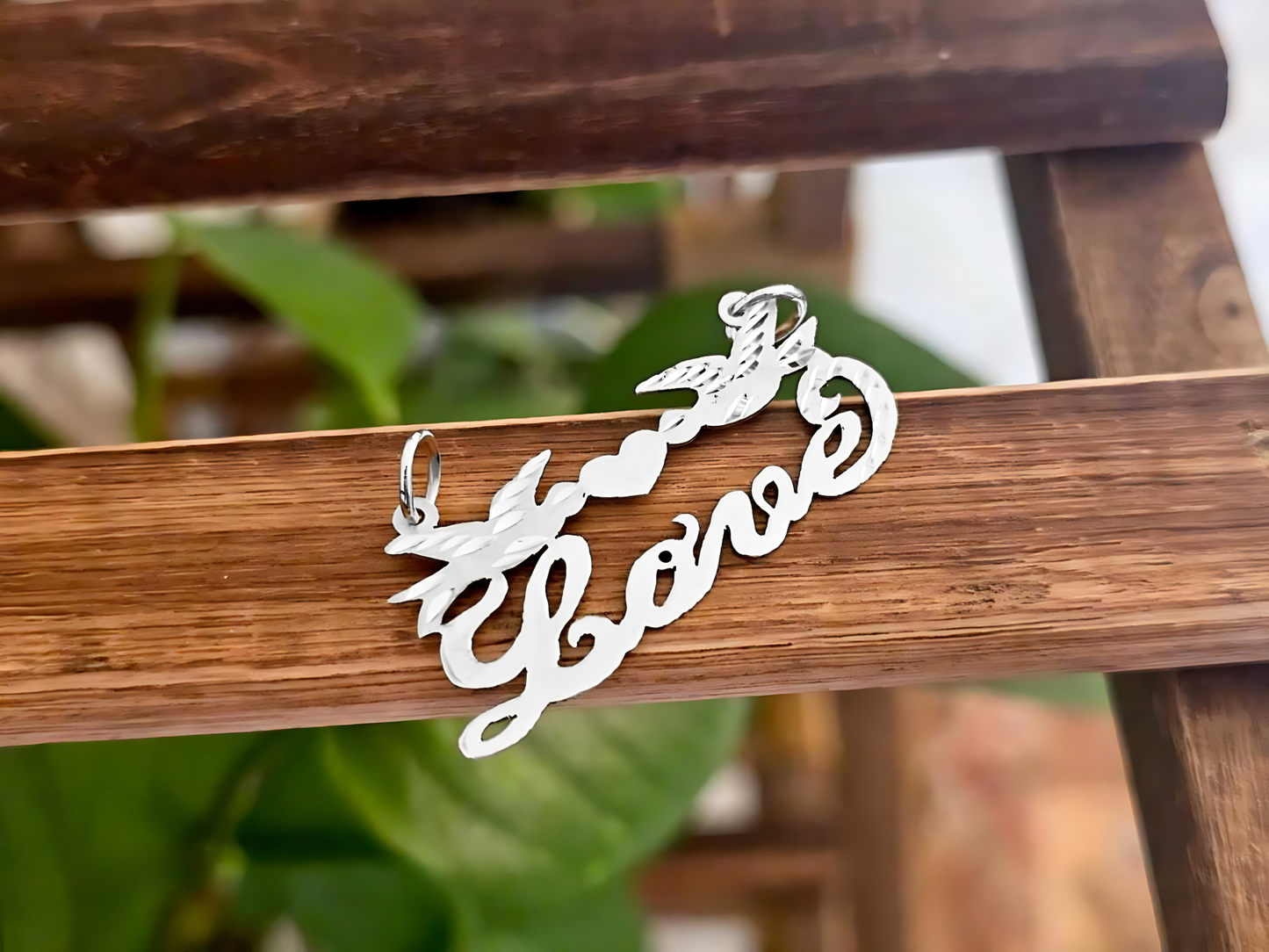 925 Sterling Silver Name Pendant Necklace with Beautiful Doves and Solid Heart