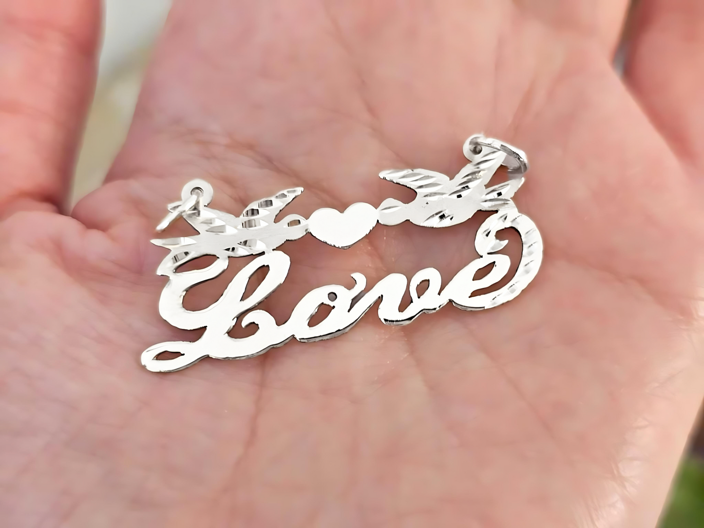 925 Sterling Silver Name Pendant Necklace with Beautiful Doves and Solid Heart