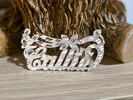 925 Sterling Silver Name Pendant Necklace with Flower Banner