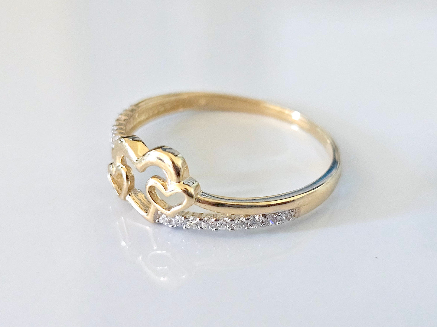 14K Solid Yellow Gold Three Hearts Ring Band with CZ Stones
