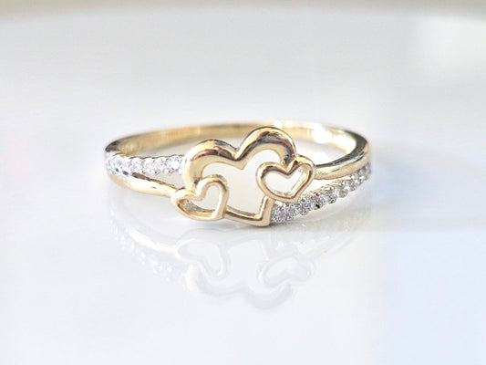 14K Solid Yellow Gold Three Hearts Ring Band with CZ Stones