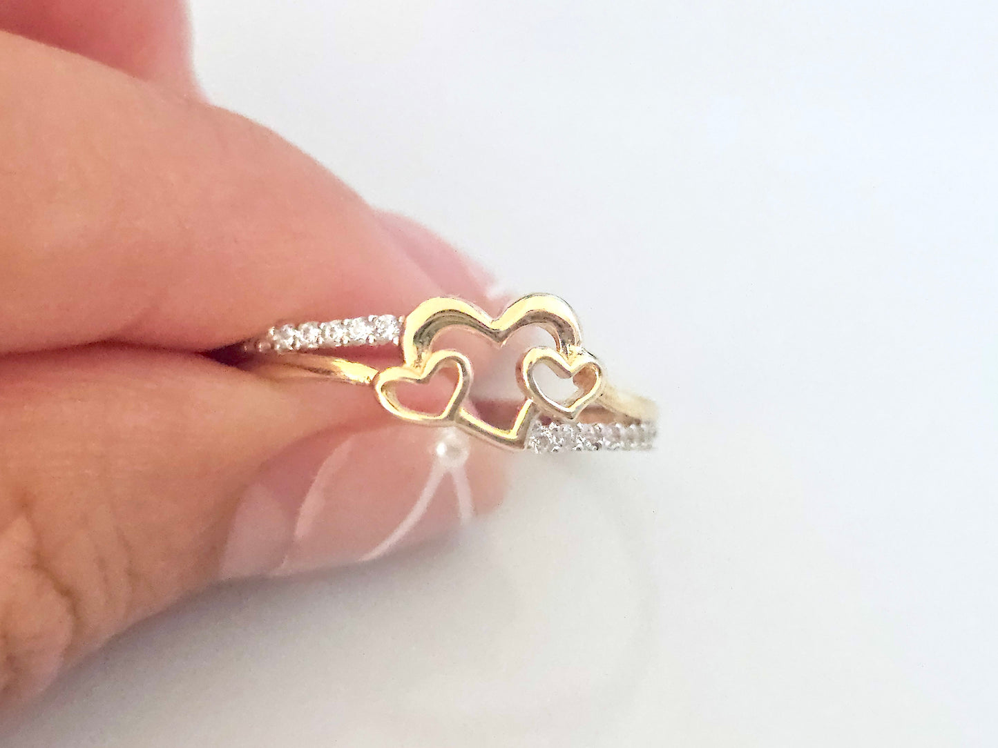 14K Solid Yellow Gold Three Hearts Ring Band with CZ Stones