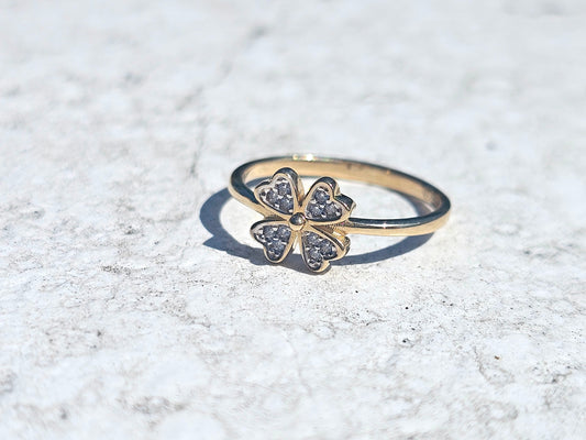 14K Solid Yellow Gold Four Leaf Clover Ring Band with CZ Stones