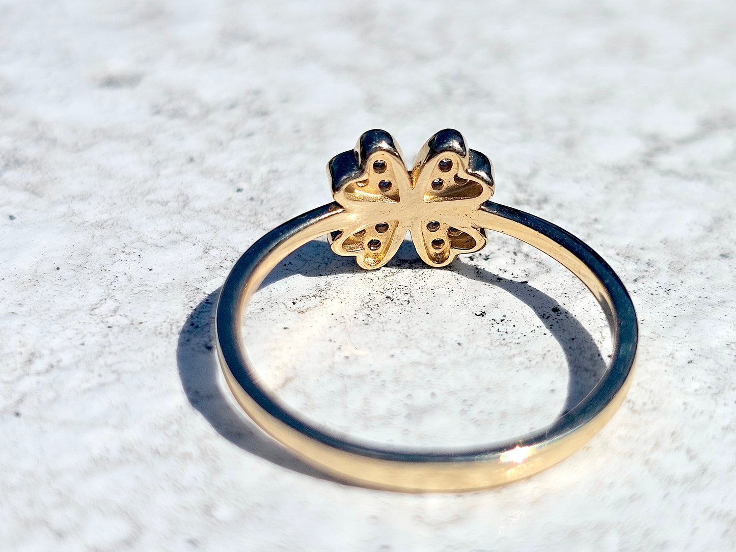 14K Solid Yellow Gold Four Leaf Clover Ring Band with CZ Stones