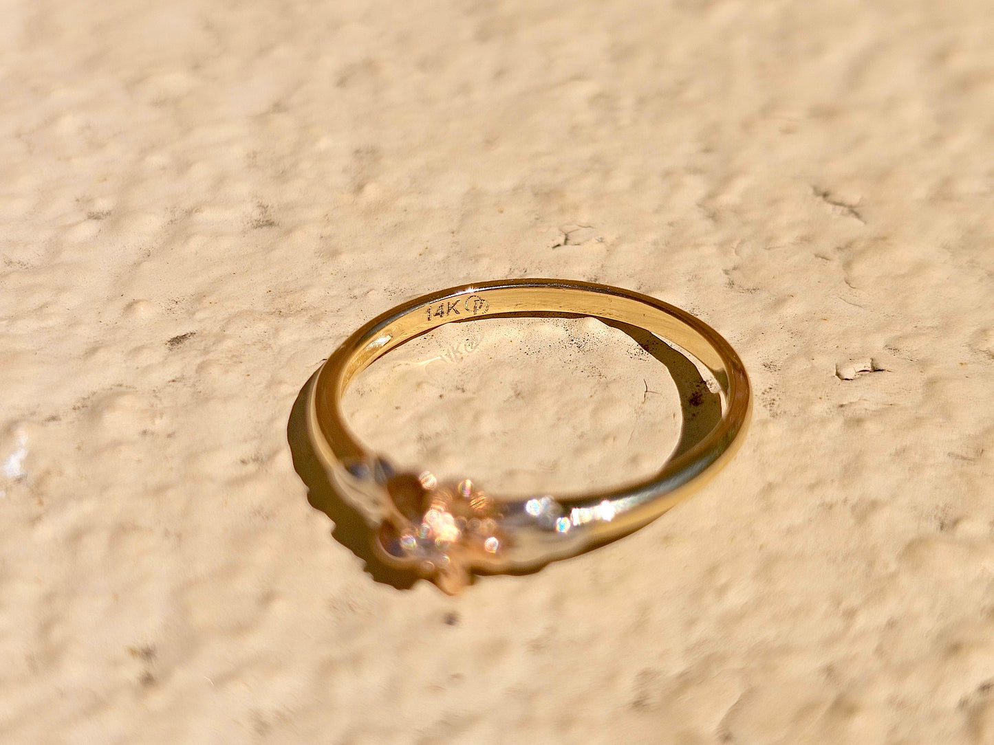 14K Solid Gold Small Flower Ring Band with CZ Stone