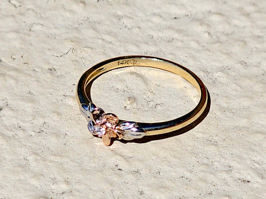 14K Solid Gold Small Flower Ring Band with CZ Stone