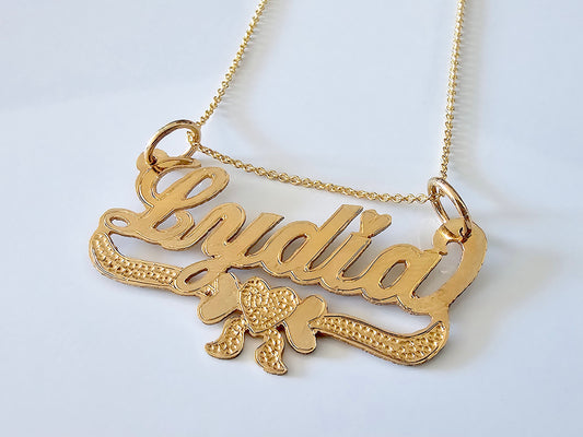 10K Solid Yellow Gold Name Pendant Necklace with Heart Bow Banner