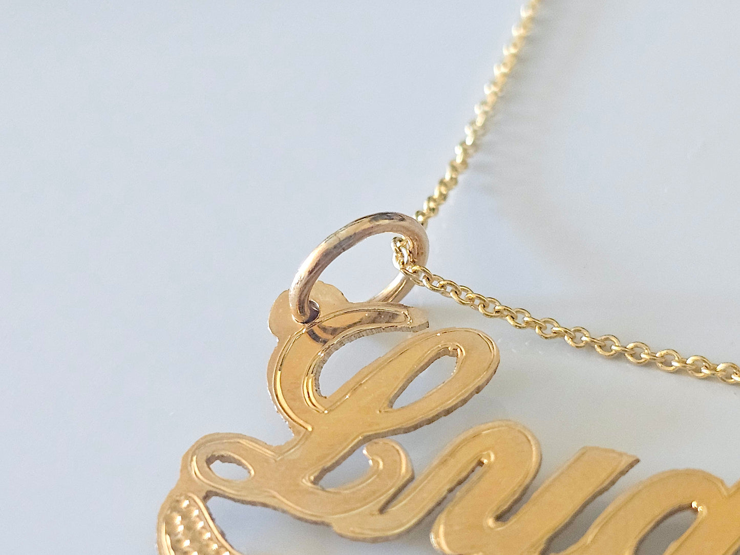 10K Solid Yellow Gold Name Pendant Necklace with Heart Bow Banner