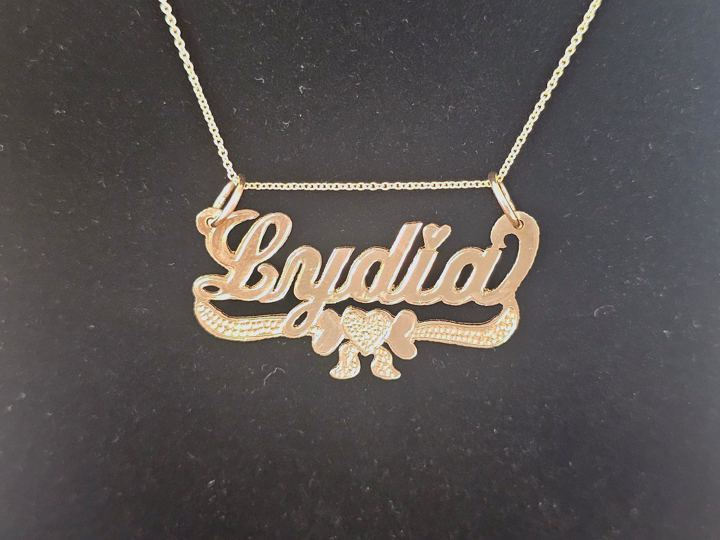 10K Solid Yellow Gold Name Pendant Necklace with Heart Bow Banner