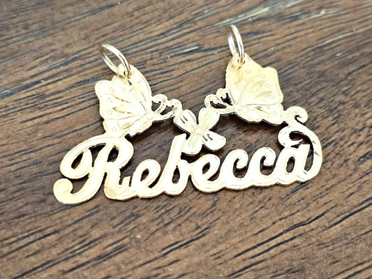 10K Solid Yellow Gold Name Pendant Necklace with Two Large Butterflies