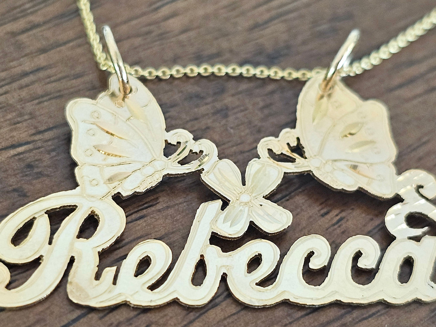 10K Solid Yellow Gold Name Pendant Necklace with Two Large Butterflies