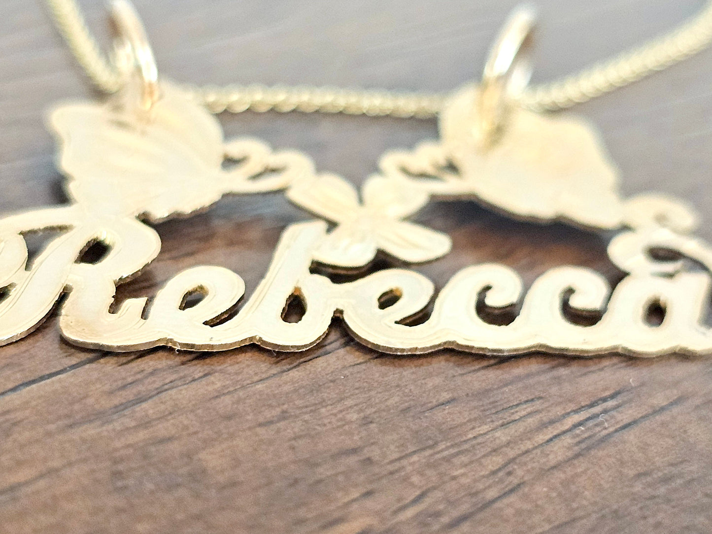 10K Solid Yellow Gold Name Pendant Necklace with Two Large Butterflies