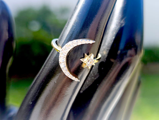 14K Solid Yellow Gold Large Moon and Mini Star Ring Band with CZ Stones