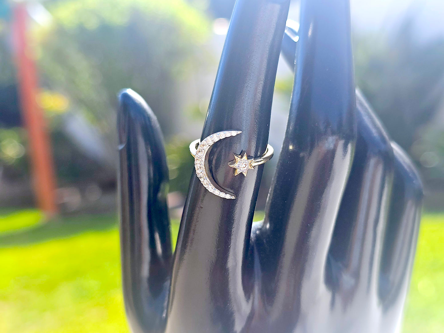 14K Solid Yellow Gold Large Moon and Mini Star Ring Band with CZ Stones