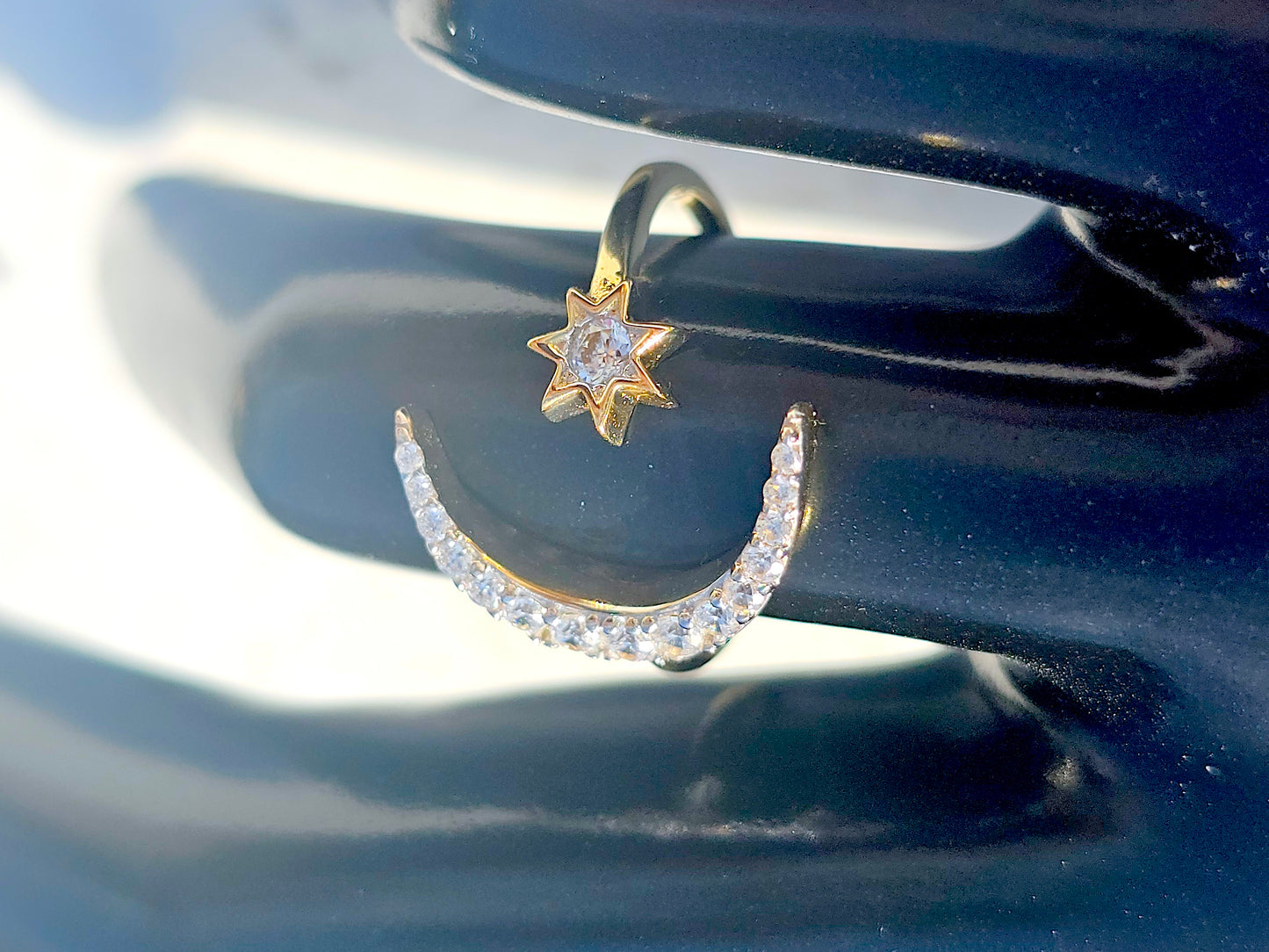 14K Solid Yellow Gold Large Moon and Mini Star Ring Band with CZ Stones