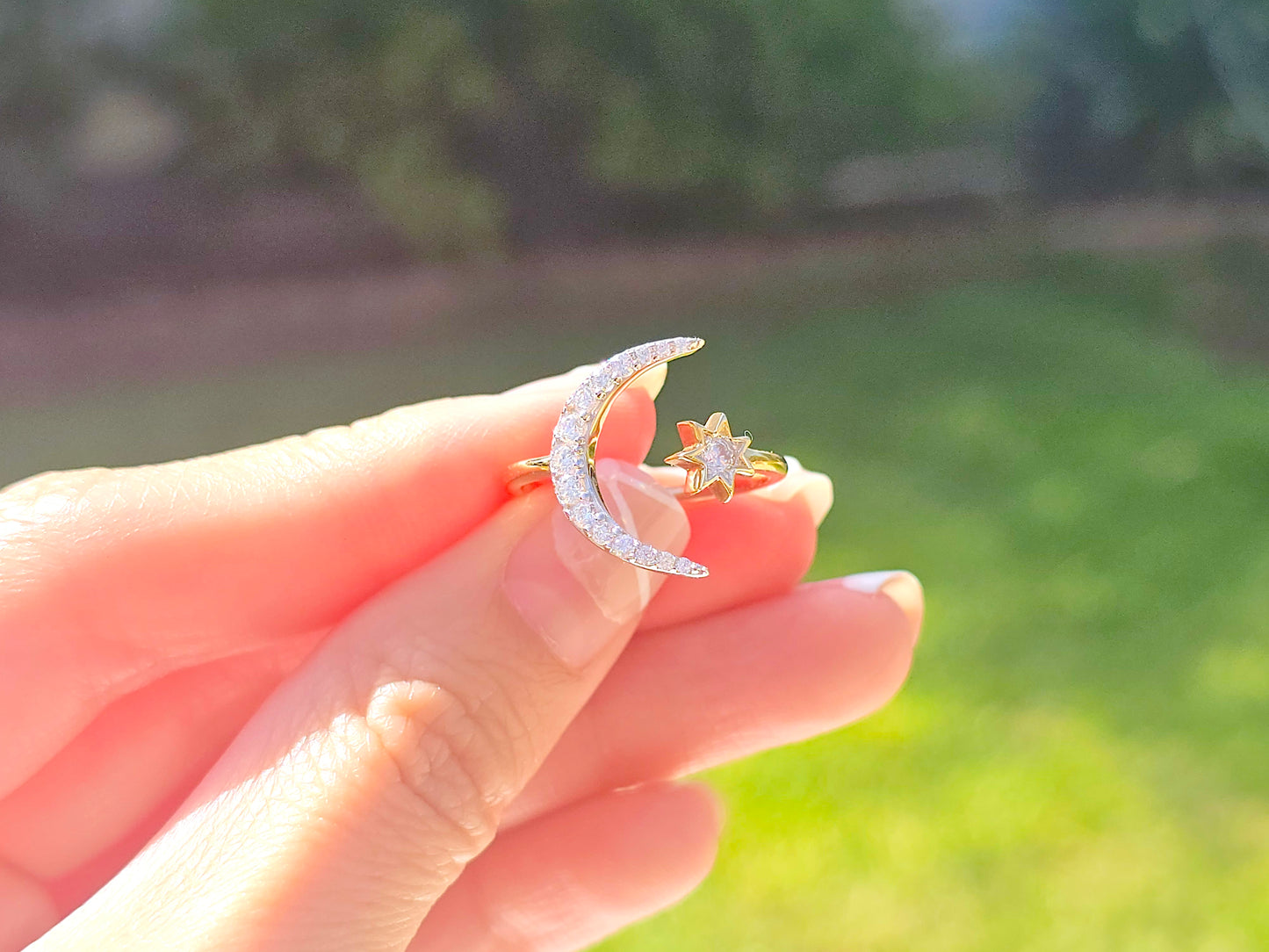 14K Solid Yellow Gold Large Moon and Mini Star Ring Band with CZ Stones