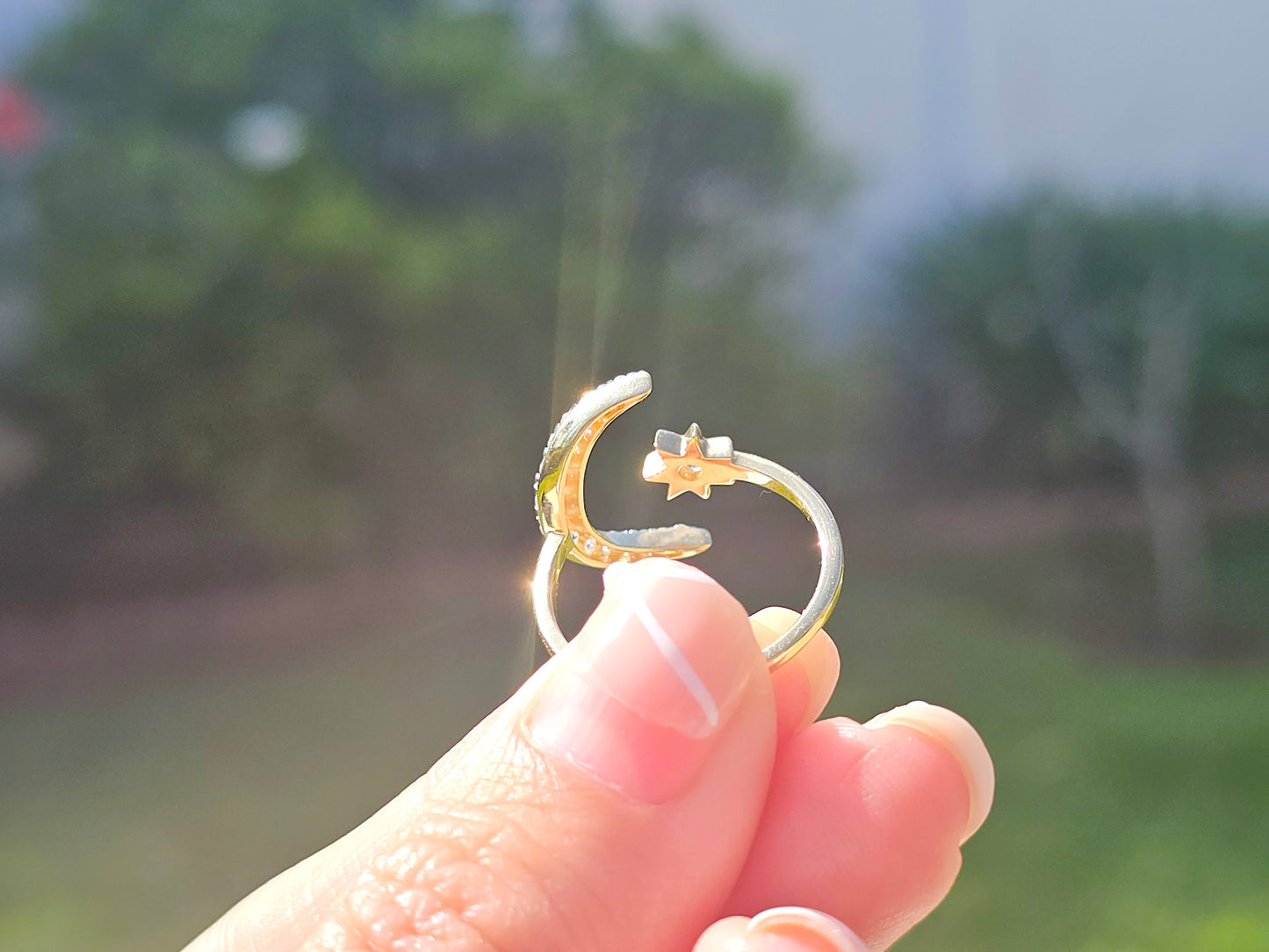 14K Solid Yellow Gold Large Moon and Mini Star Ring Band with CZ Stones