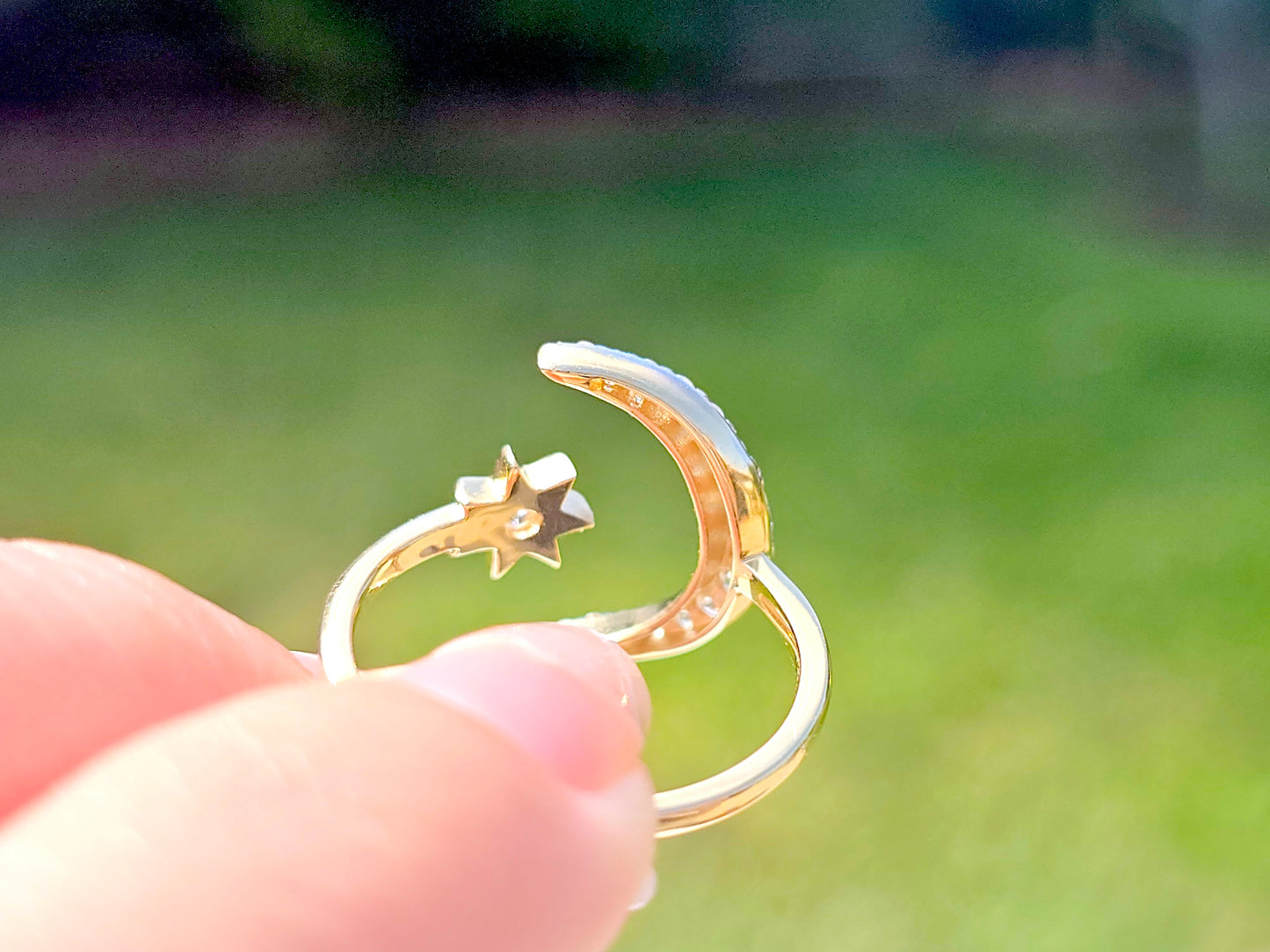 14K Solid Yellow Gold Large Moon and Mini Star Ring Band with CZ Stones