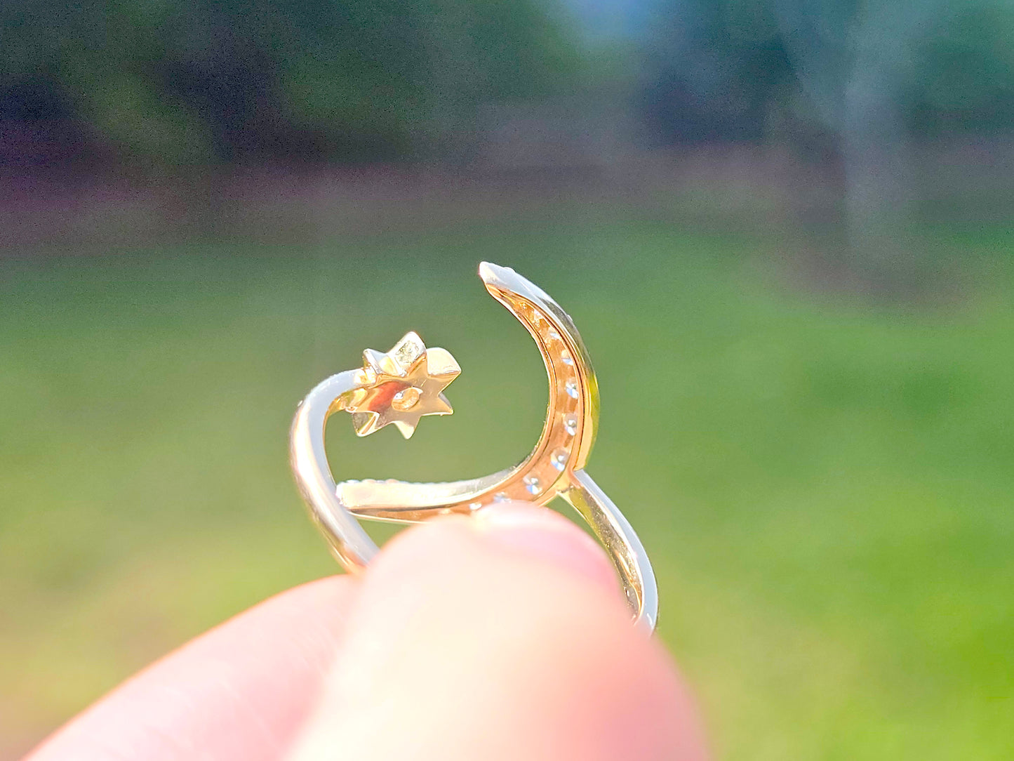 14K Solid Yellow Gold Large Moon and Mini Star Ring Band with CZ Stones